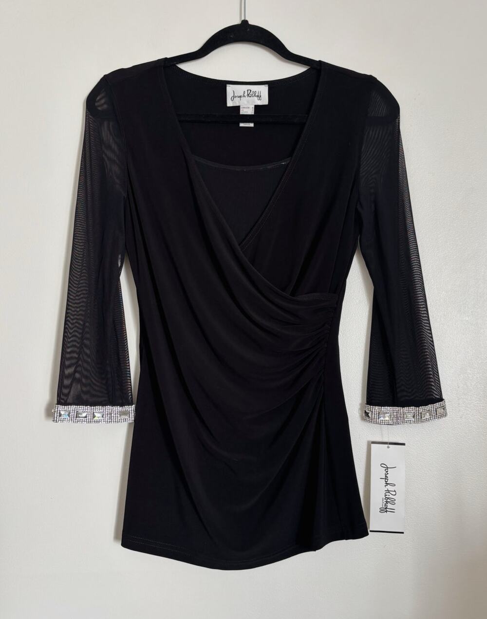 Black Joseph Ribkoff Drapey Blouse with Sheer Sleeves and Jewels 6